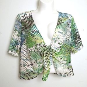 Perception Bolero Cardigan Tie Front Women Size 20W Casual Abstract Print Green